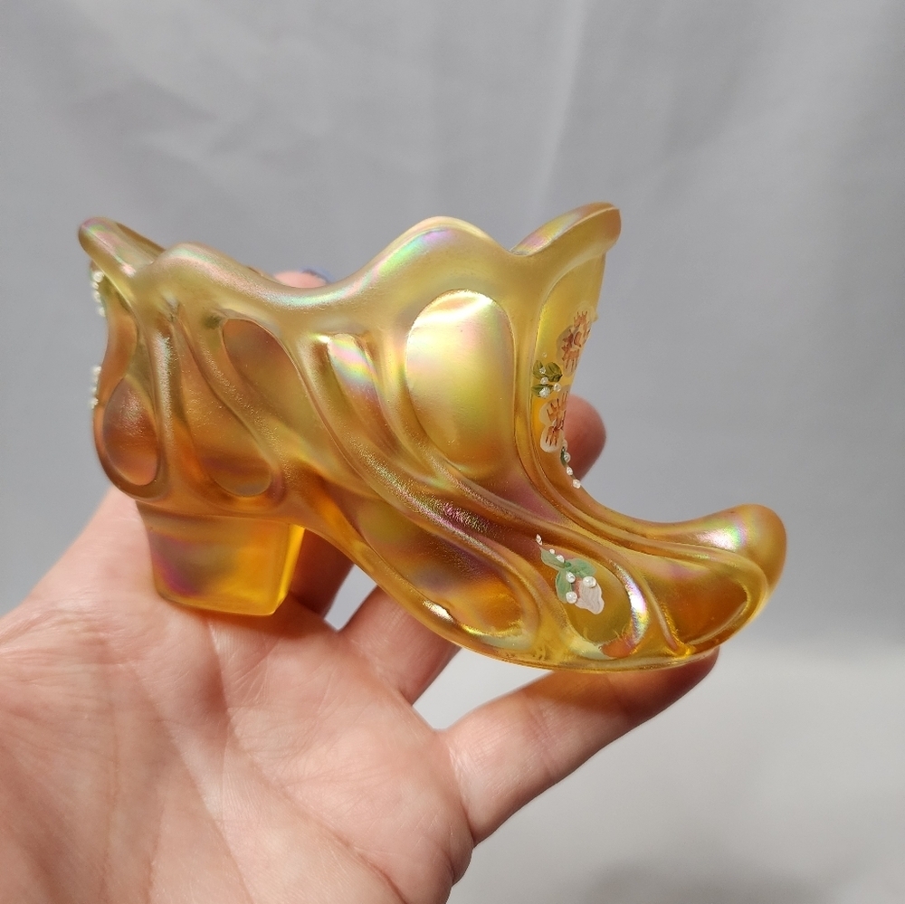 Vintage Fenton Marigold Iridescent Carnival Glass Hand Painted Shoe Signed